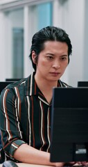 Aufkleber - Computer, typing and business with Japanese man in office for project, communication and email. Web developer, research and reading with asian person in agency for online, internet and report
