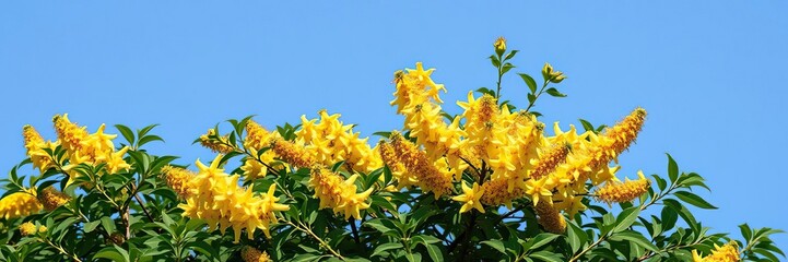Wall Mural - yellow flowers of senna spectabilis on a tree with dense leaves, blue sky background, leafy branches