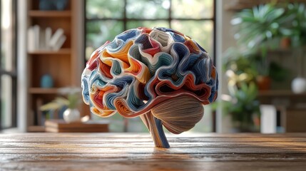 Poster - A vibrant, artistic representation of a brain, showcasing intricate patterns and colors, set against a bright, natural background.