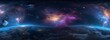 © Rising Monk - 360 degree equirectangular projection space background with nebula and stars, environment map. HDRI spherical panorama, Generative AI