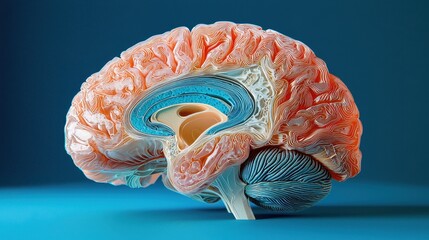 Poster - A vibrant illustration of a brain showcasing detailed anatomical features, highlighting its structure and complexity against a blue background.