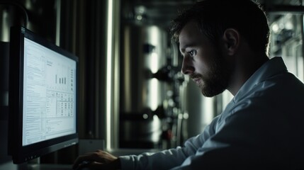 Poster - A man in a white lab coat monitors a computer screen in a dimly lit industrial setting.