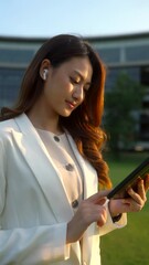 Vertical shot of young asian businesswoman in elegant suit style touching the screen using tablet with headphone for searching or checking social media app outdoor, happy female in urban lifestyle.