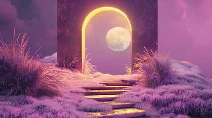 Poster - Full moon glowing through old arch on hill illustration. Mystery night landscape wallpaper scene artwork. Inspiring composition with vintage arch background image digital art concept
