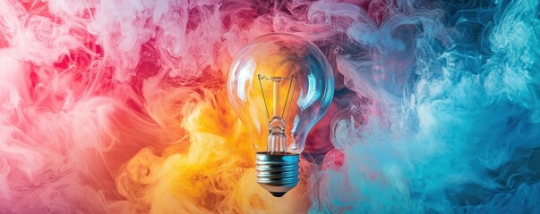 Poster - A glowing light bulb surrounded by vibrant colored smoke, creating a striking visual contrast and a sense of creativity.