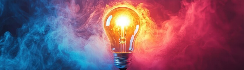 Poster - A glowing light bulb surrounded by colorful smoke, symbolizing creativity and innovation in a visually striking manner.