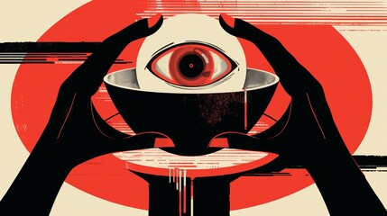 Poster - ritual bowl with eye in black hands background image. magic with human body parts flat colorful illu