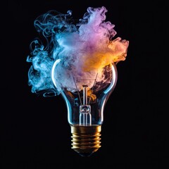 Poster - A glowing light bulb releases colorful smoke against a dark background, symbolizing creativity and innovation.