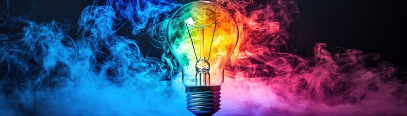 Poster - A vibrant light bulb surrounded by colorful smoke, creating a captivating visual effect against a dark background.