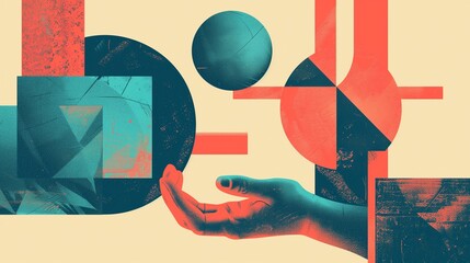 Poster - geometric shapes pattern and human hand background image. vintage cubism design with figures and arm