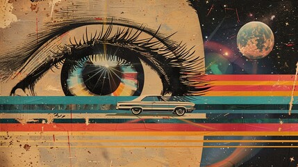 Poster - looking eye and car on rainbow track background image. surreal space racing watching flat colorful i
