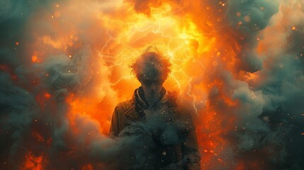 Poster - Young man silhouette in smoke cloud illustration. Mysterious male stranger in mist at backlit wallpaper scene artwork. Surreal appearance background image digital art concept