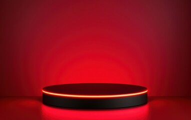 Poster - A sleek circular platform illuminated by red light against a solid red background.