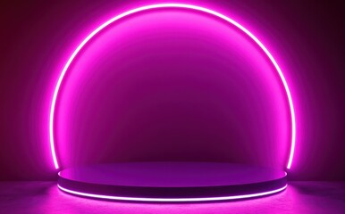 Poster - Purple neon light arch with empty podium creating a futuristic and vibrant stage setting. Ideal for product display, promotions, or digital backgrounds.