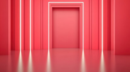Poster - A vibrant red hallway with glowing neon lights, creating a modern and stylish environment.