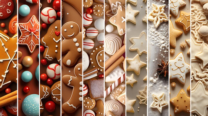 Wall Mural - Colorful abstract background with Christmas sweet, gingerbread piece and cookie stripes. Concept of Christmas, holiday and New Year food. Horizontal composition, banner.