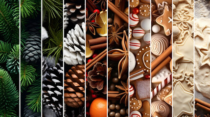 Wall Mural - Abstract background with seasonal and winter stripes with plant, leaf, ball, cone, spice, sweets and gifts texture. Horizontal composition. Concept of Christmas, holiday and New Year.