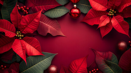 Wall Mural - Abstract background with red Poinsettia leaves. Horizontal composition.
