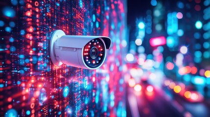 A security camera mounted on a wall with a digital background and a blurry city scene in the background.