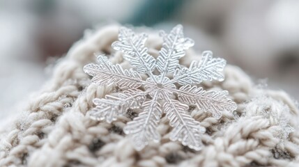 Poster - A Delicate Snowflake on a White Knitted Surface