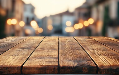 Poster - Beautiful wooden table in a blurred street background creates a warm atmosphere.
