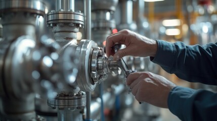 Poster - Close-up of a Worker's Hands Adjusting a Valve in an Industrial Setting