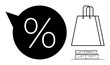 © robu_s - Shopping bag, discount percentage speech bubble, and stack of books. Ideal for retail, sales, discount promotions, education, bookstores marketing advertising. Line metaphor