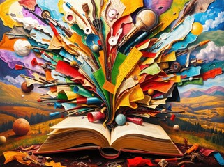 Wall Mural - A symbolic book unfolds into a surreal landscape. Its pages transform into trees paths and stars symbolizing the journey of life and self-creation