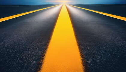 Wall Mural - Asphalt road with bright yellow lines leading to a sunset. Journey, travel, and hope concept.