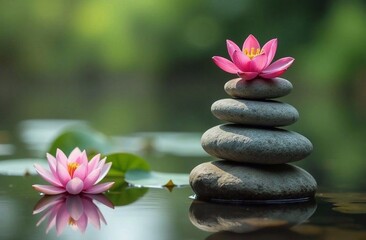  Stones are stacked together against a background of water and lilies