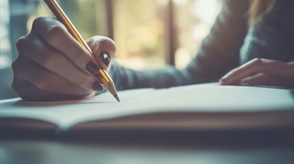 Poster - Close-up of a hand writing in a notebook with a pencil