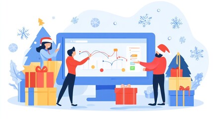 Poster - Christmas Business Team Analyzing Data Graphs On Computer