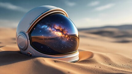 Poster - Astronaut helmet in the desert. 3d rendering. Computer digital drawing.