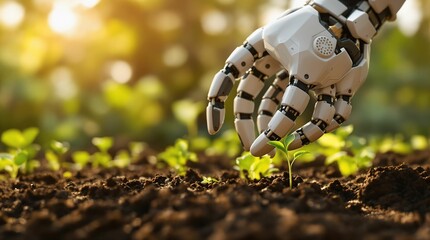 Poster - Robot hand holding green seedling growing on fertile soil with sunlight