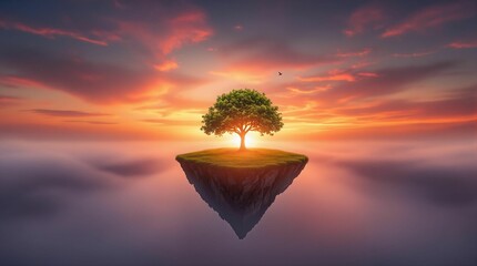 Poster - Tree on island in the sea at sunset. 3D illustration.