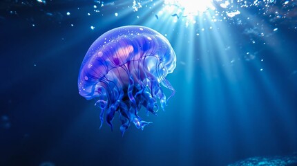Aufkleber - Jellyfish swimming underwater in deep blue water. 3d rendering