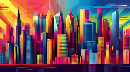 Wall Mural - colorful pop art cityscape, bright hues, geometric shapes, highdefinition, detailed buildings, playf