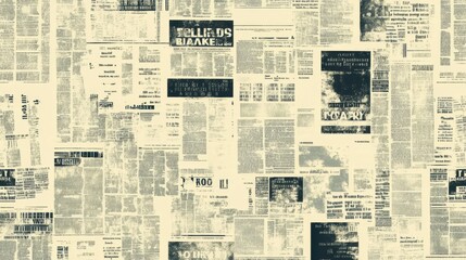 Poster - A textured collage of vintage newspaper articles and headlines, showcasing a monochromatic design with faded text.
