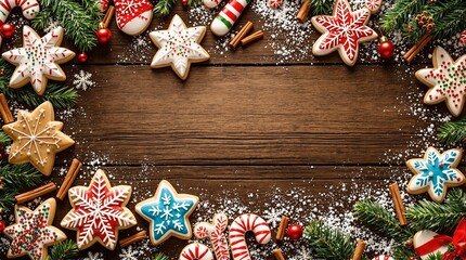 Aufkleber - Christmas cookies shaped like stars, snowflakes, and candy canes, decorated with vibrant icing and sprinkles, surrounded by scattered cinnamon sticks and fir branches on a wooden table