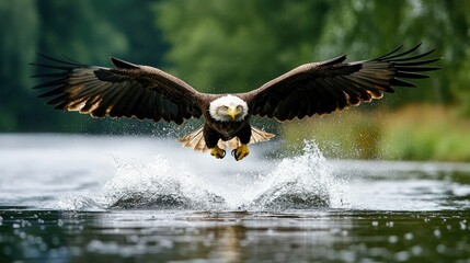 white-tailed eagle soaring above water with outstretched wings, creating splashes as it hunts in its