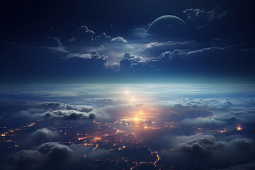 Wall Mural - Futuristic city aerial view at night. Structure of sci-fi metropolis with neon lights from the bird view