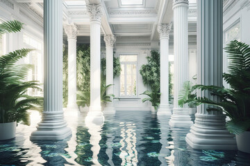 Poster - Large white hall with tall pillars and a lot of greenery