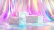 © DigitalDruid - Surreal stage setting with three white rectangular podiums against a pastel neon holographic backdrop, perfect for cosmetic product packaging displays.