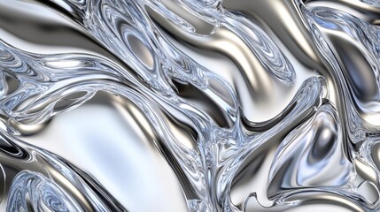 Poster - Fluid silver waves create a mesmerizing abstract pattern with glossy reflections and smooth curves.