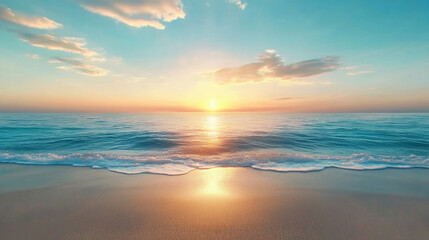 Poster - Sunset over a tranquil ocean with gentle waves lapping at the sandy shore, AI