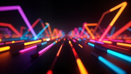 Poster - Colorful neon lights create dynamic, futuristic scene. Lines of vibrant colors flow in mesmerizing pattern. Abstract visual effect with bright neon light. Modern design for tech events visual