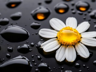 Poster - A single white flower with a yellow center sits on a black surface covered in water droplets