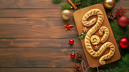 Wall Mural - Top view of gingerbread snake shape lying on wooden board with christmas decor on dark, wooden background with copy space. DIY gift or holiday treat advertisement.