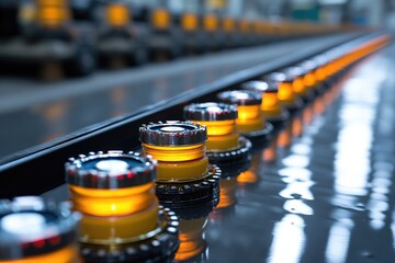 Poster - Row of Illuminated Components on a Conveyor Belt in a Factory Setting