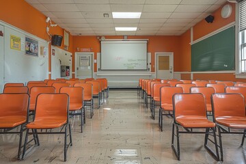 Poster - Rows of Orange Chairs in an Empty Classroom